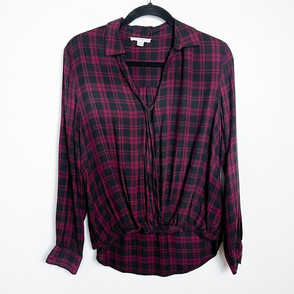 beachlunchlounge Plaid Flannel Pullover Wrap Shirt Hi Low Burgundy Black Small